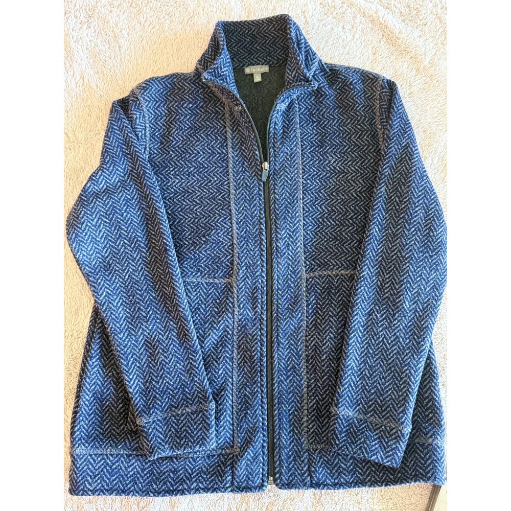 T by Talbots Navy Herringbone Knit Full Zip Jacket Womens Medium Soft